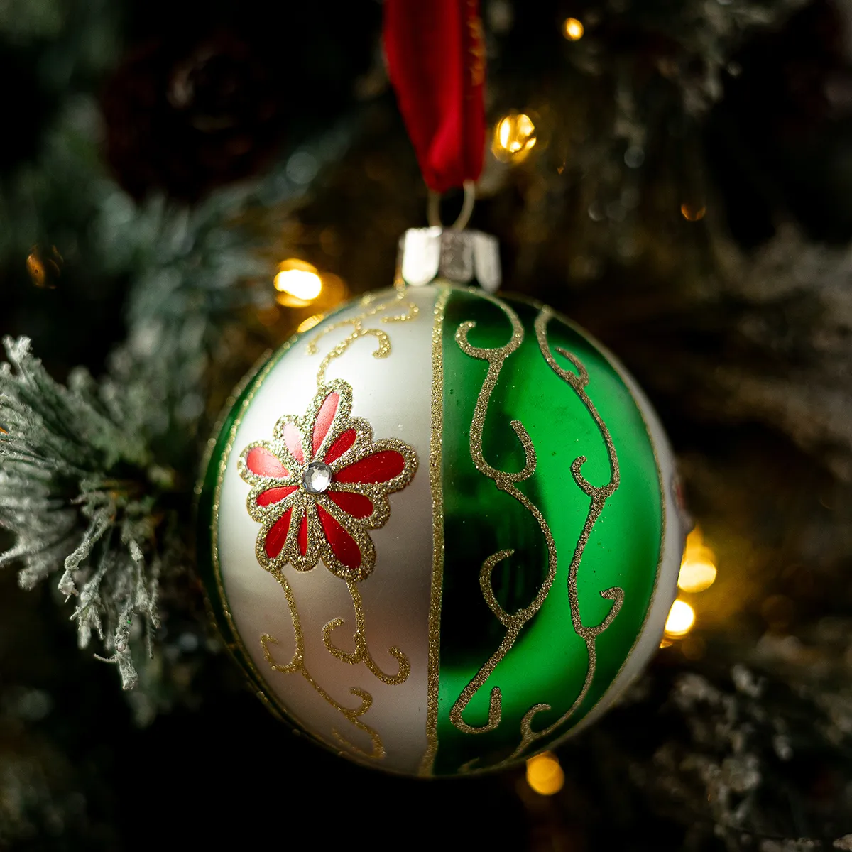 Vintage Waterford Heirloom Blown Glass Christmas Bulb Tree Ornament Gold, Green and Red chrysanthemum 