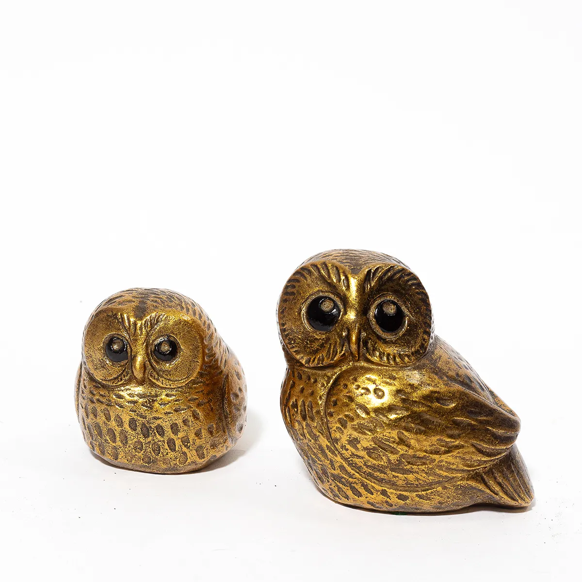 Golden Owl Statue with Big Black Eyes - 5" x 6.5" + 3.75" x 5.5"