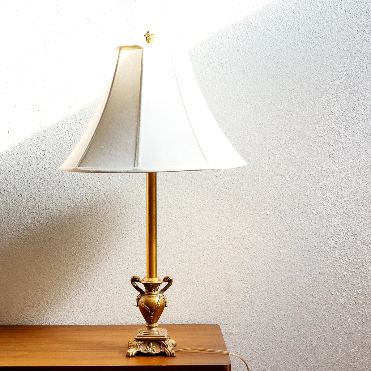 Tall Thin Gold Table Lamp with vessel with handles greek tapered cloth lamp shade