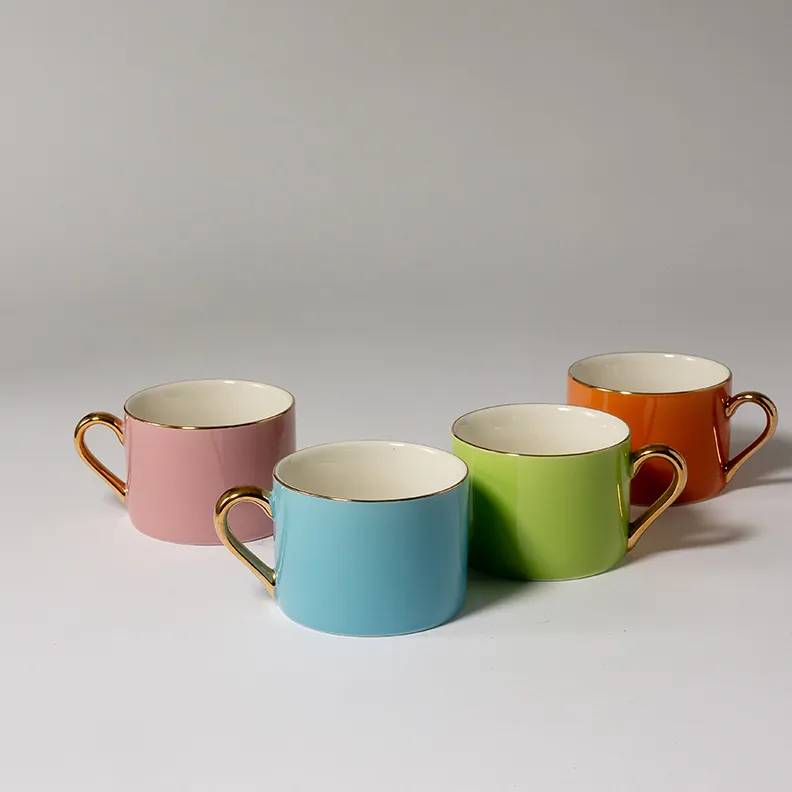 Ceramic Coffee cups, colorful set, Pink, Green, Blue and Orage Gold Handle and Trim - 2.25" x 3.25"