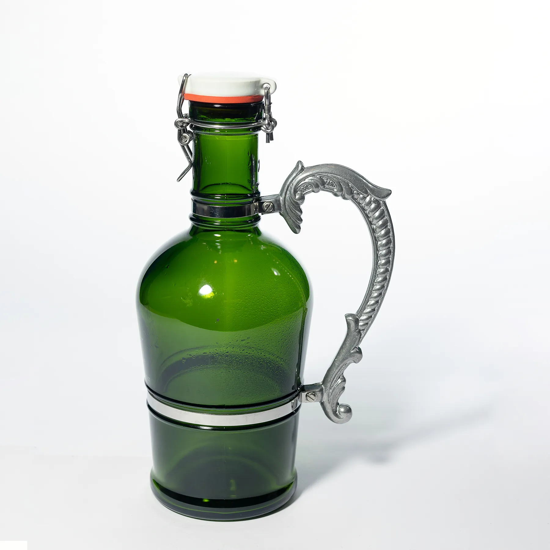 Large Green Clear Glass Growler with Silver Metal Handle and White Porcelain Cap - 13" x 7"
