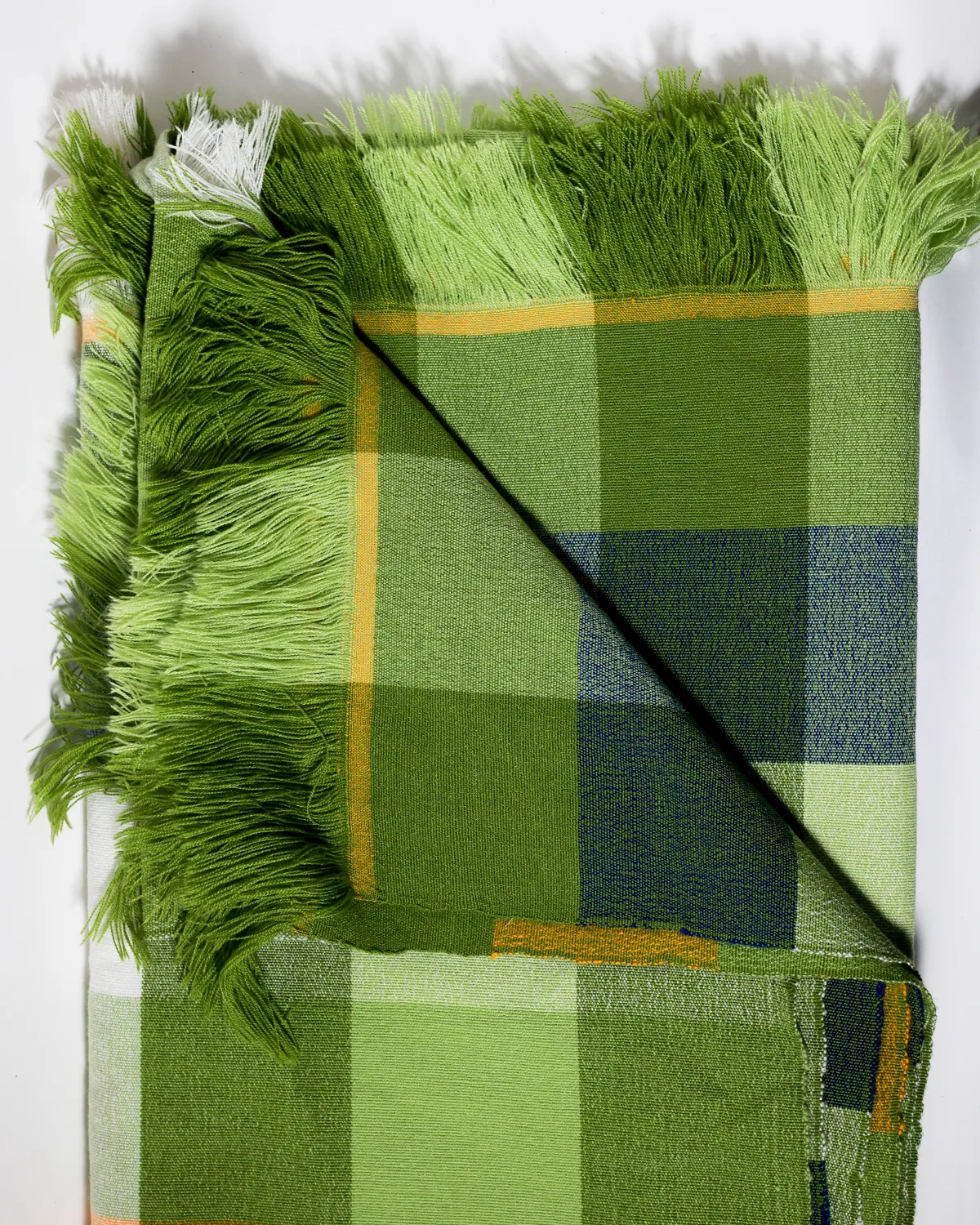 Vintage Green Plaid Fringed Bohemian Woven Tablecloth