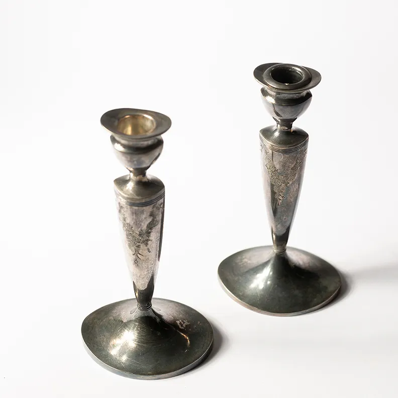 Ornate Silver Candle Holders with etched flowers Oval Base - 8.5" x 4.5"