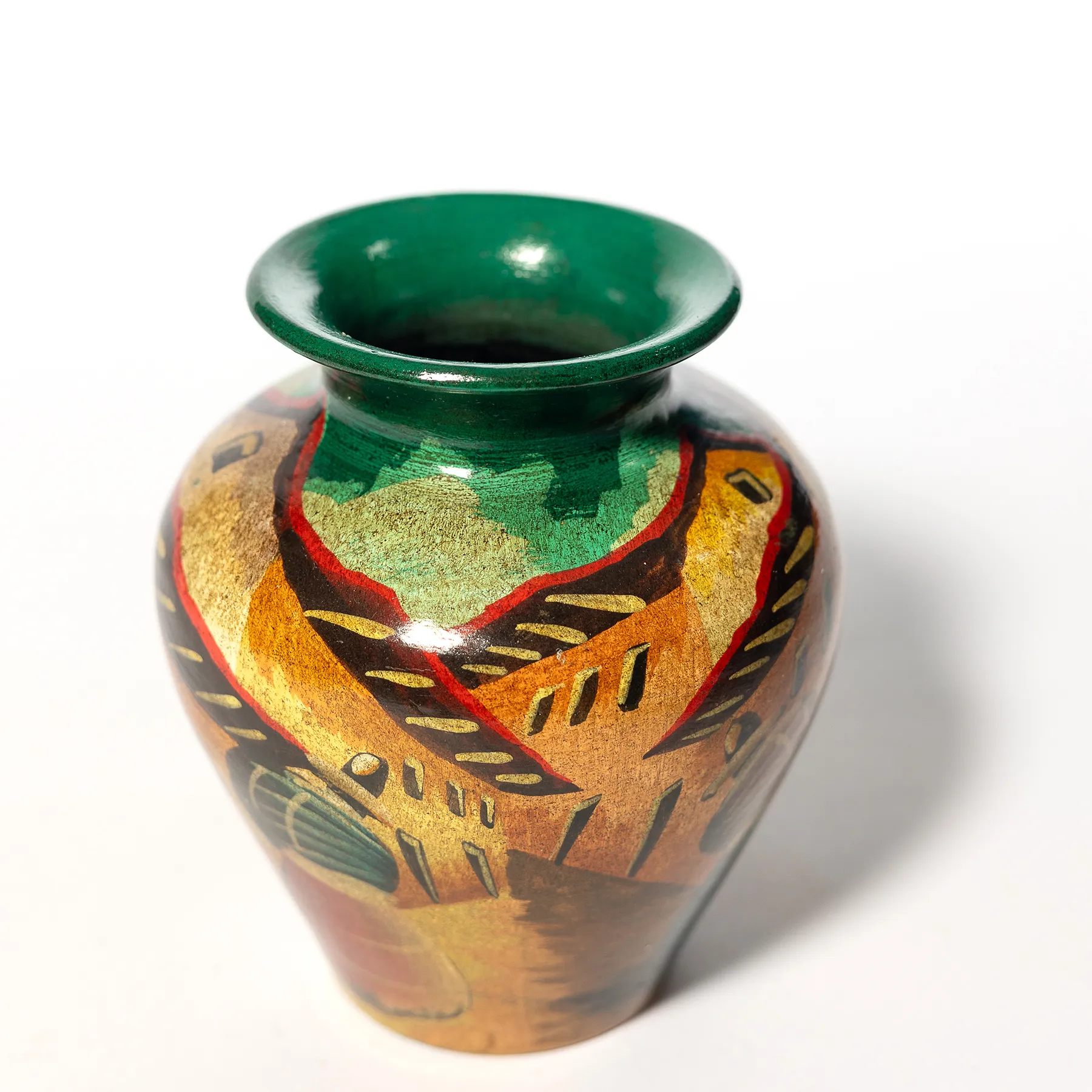 Peruvian Contemporary Hand Painted Vase Thrown Ceramic Pottery Green  - More Windows - 4" x 3.5"