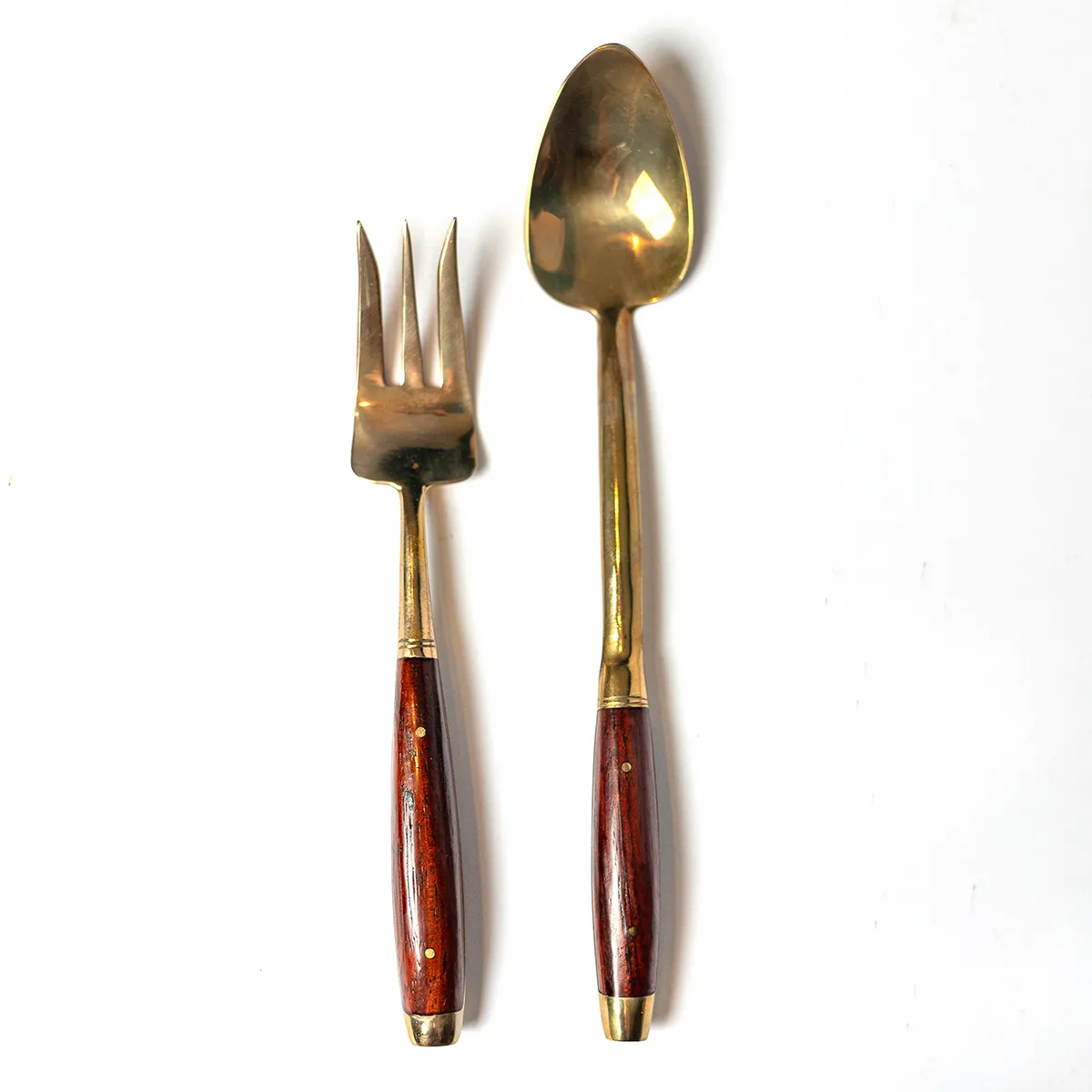 Mid Century MCM Thai Bronze and Teak Silverware tall ice tea spoons and short serving fork