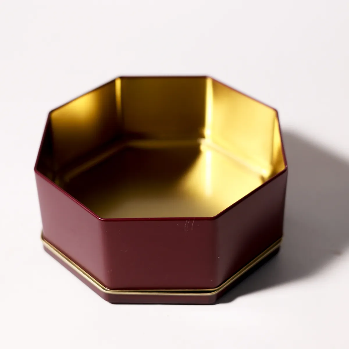 Vintage Burgundy Octagonal Gold Interior Tin Jewelry Box, Unbranded Cookie Tin
