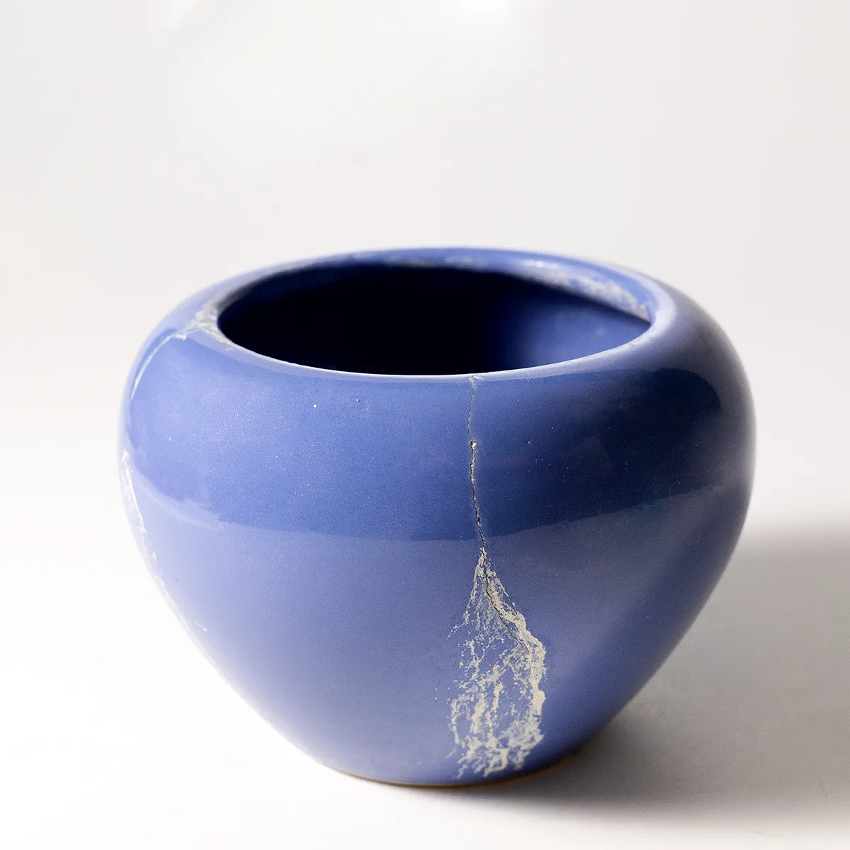 Vintage Italian Redware Pottery Planter / Vase Purple Plum Periwinkle Glossy. Cracked with Water Stains