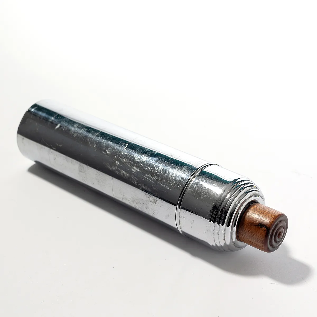 Tall Silver Cocktail Shaker Wood Cap, Mid-Century Modern, Vintage  - 14" x 3.5"