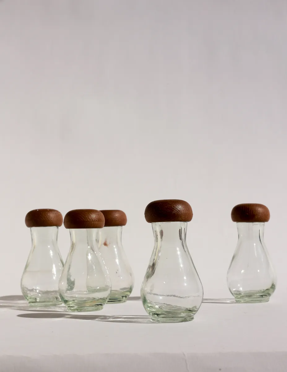 Vintage Mushroom-Shaped Glass Spice Jars with Wooden Tops | MCM Hanging Glass Spice Jar Bottle