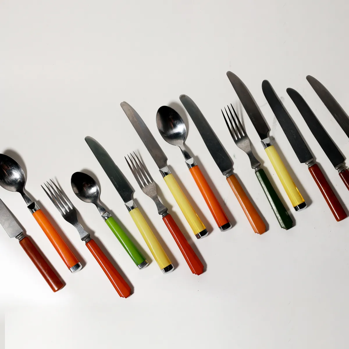 Mid-Century Colorful Bakelite Handle Mixed Flatware Set