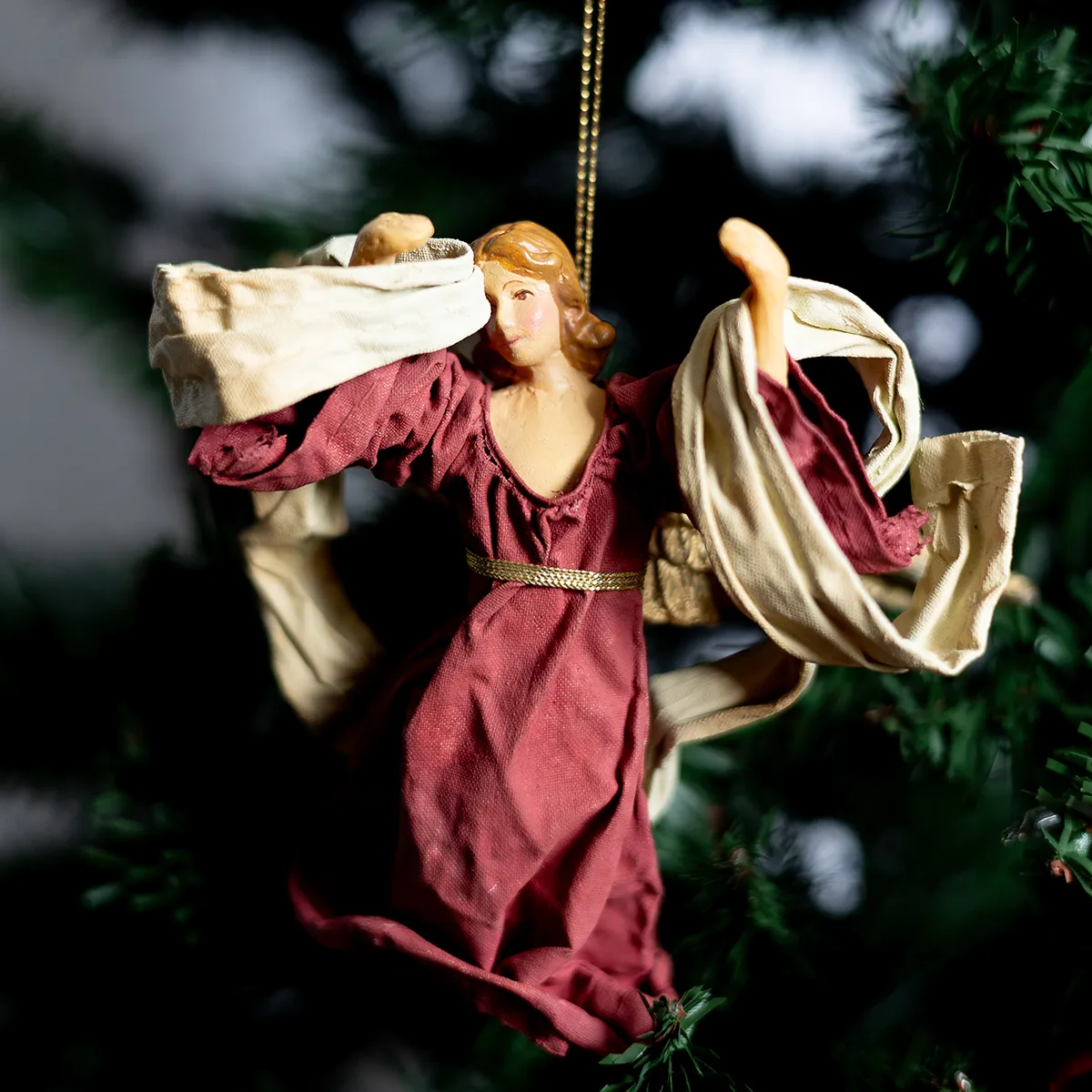 woman angel in a gauzy flowy outfit, an angel Christmas Tree Ornament - Victorian Christmas Angel GLORIA Nativity Ornament Figure Vintage