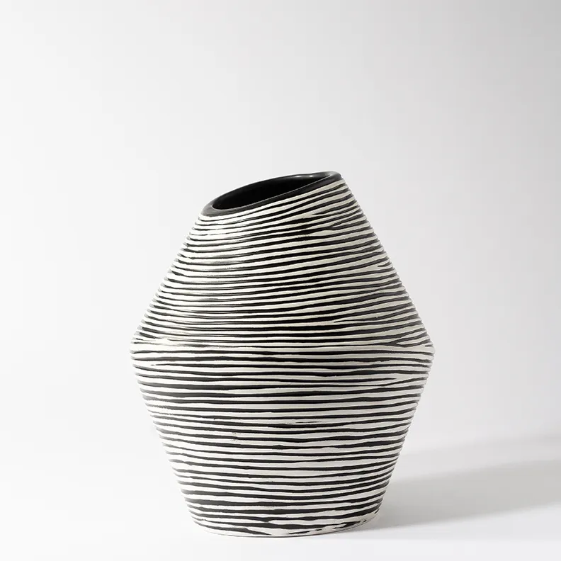 Housewares Vase: White and Black Ceramic Striped Asymmetrical Vase - 12.5" x 10"