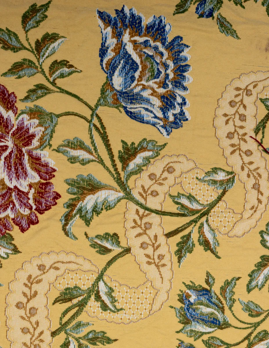 Fabric: Yellow Tapestry Fabric with Pink and Blue Flowers and Assorted Greenery