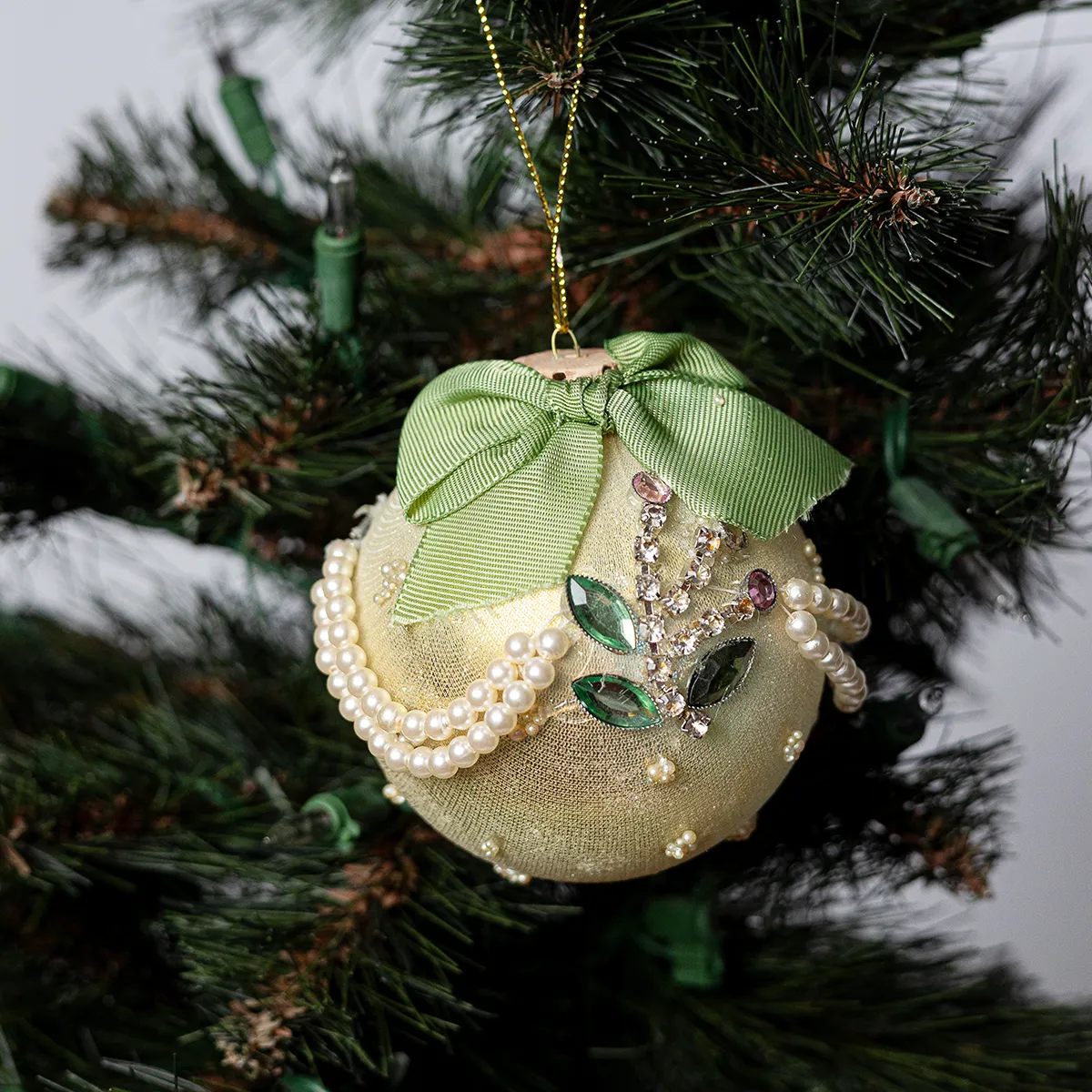 Victorian Hand Made Cream Christmas Tree Bulb Gold Rhinestones and Pearl strands, Green Ribbon Ornament