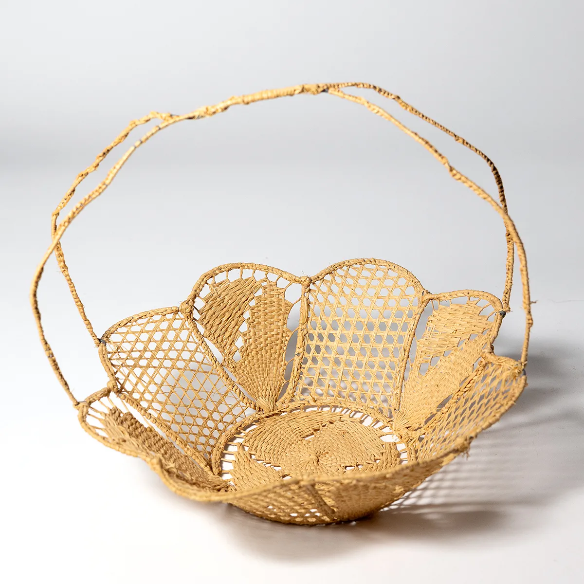 Vintage Tenerife Lace Handled Basket Delicate Hand Woven Raffia Wicker