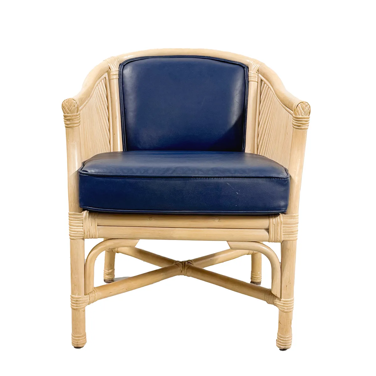 Natural Rattan Barrel Back Dining Chair with Navy Blue Vinyl seat cushion and seat back
