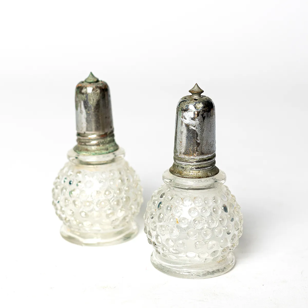Vintage Crystal WB Salt and Pepper Shaker Silver Plated Top Lid Hallmarked. Round Bubble Glass Body 
