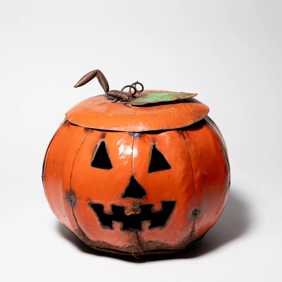 Vintage Pumpkin Halloween Jack O Lantern Candy Container Candle Holder Metal