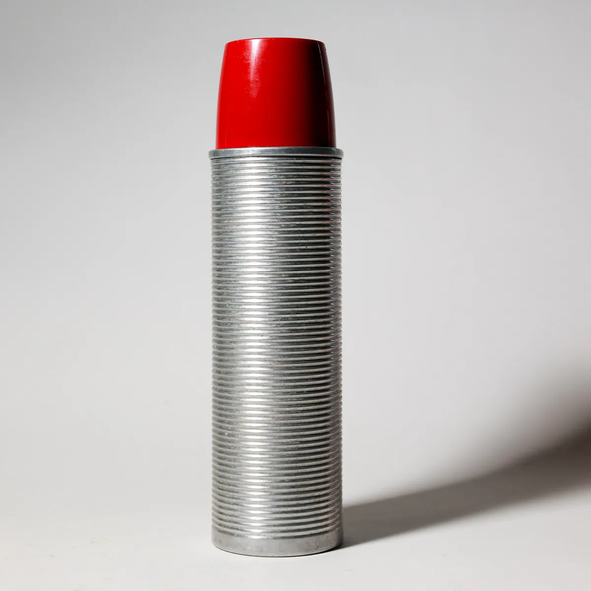 Midcentury Ribbed Aluminum Thermos Red Cap Vintage