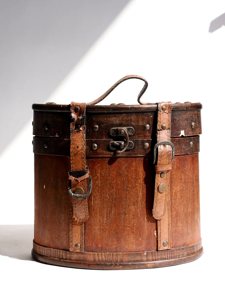 Vintage Oval Hat Box Wood, Leather, and Metal