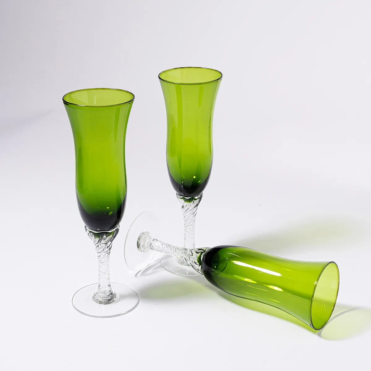 Vintage Green Champagne Glass with Clear Swirl Base - 8" x 2.5"