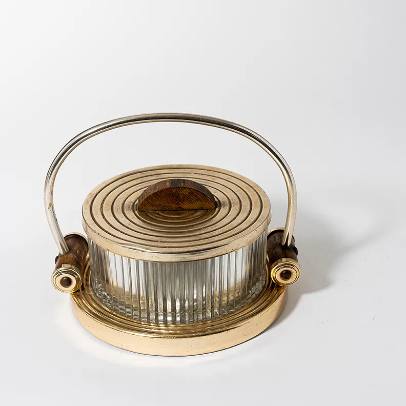 French Art Deco Round Biscuit Box on mirrored tray with handle - 7" x 9"