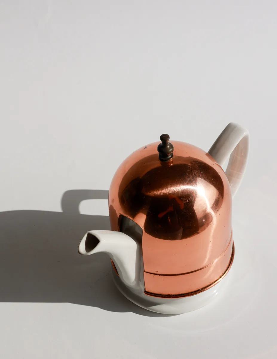 Teapot Copper Insulator Vintage White Ironstone Ceramic Tea Party Removable Sleeve Tea Cozy Baker Hart & Stuart Kitchen Table Decor Country