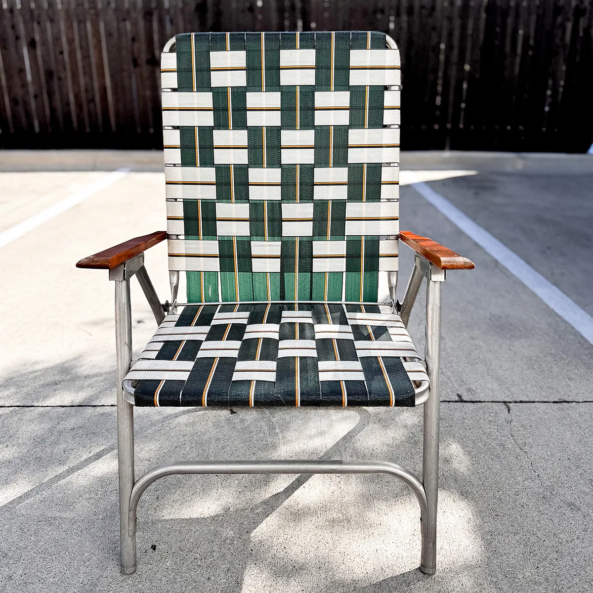 Green, Cream and Gold woven lawn folding chair with wooden arms
