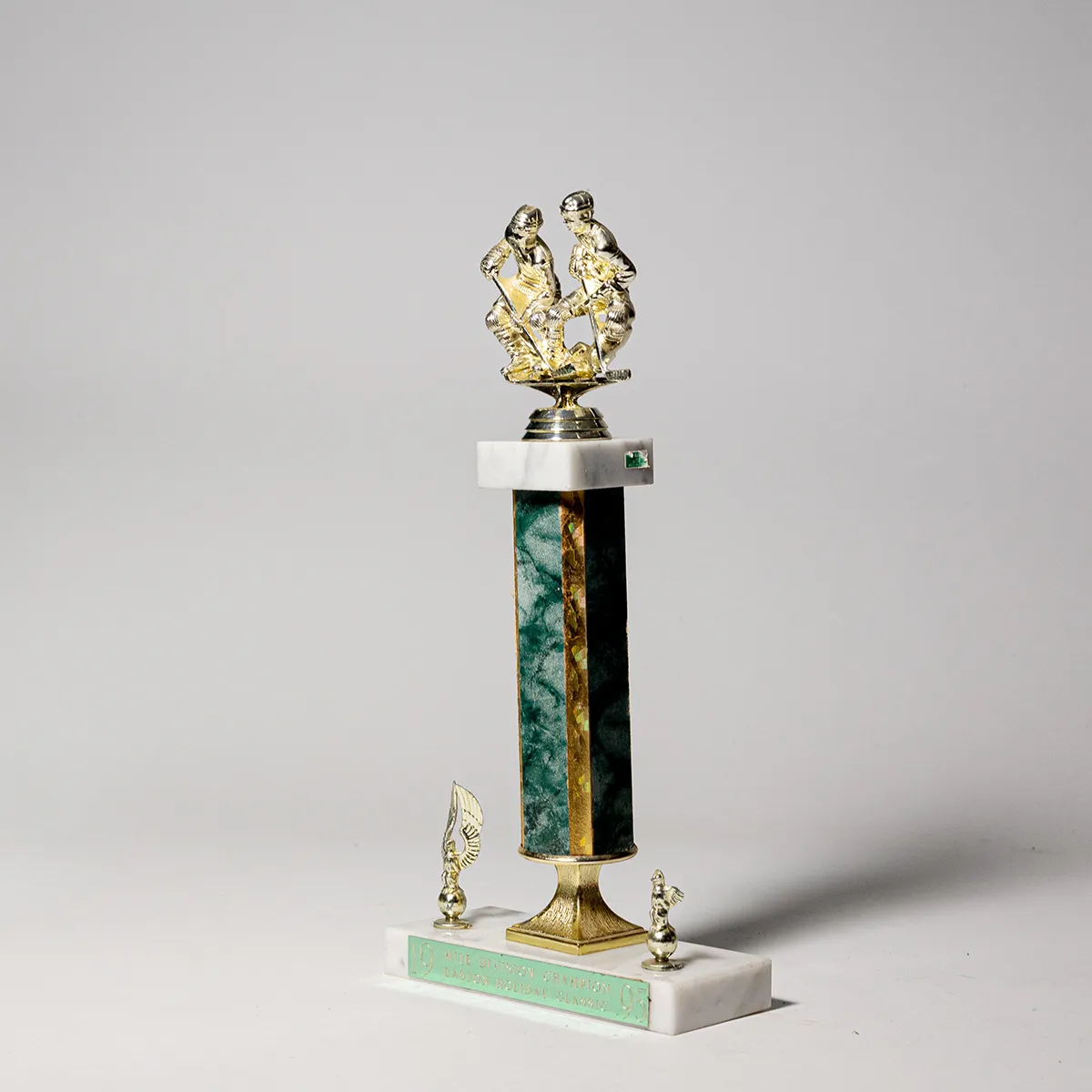 Vintage White Marble Green and gold Wood Hockey Trophy