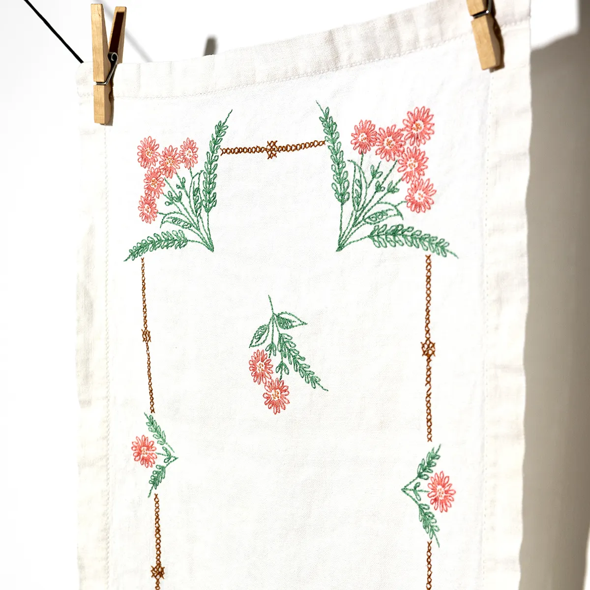 Kitchen Soft Goods: Hand Embroidered pink thread flowers and green leaves and brown border on white cotton, table runner, tablecloth - 38" x 27"