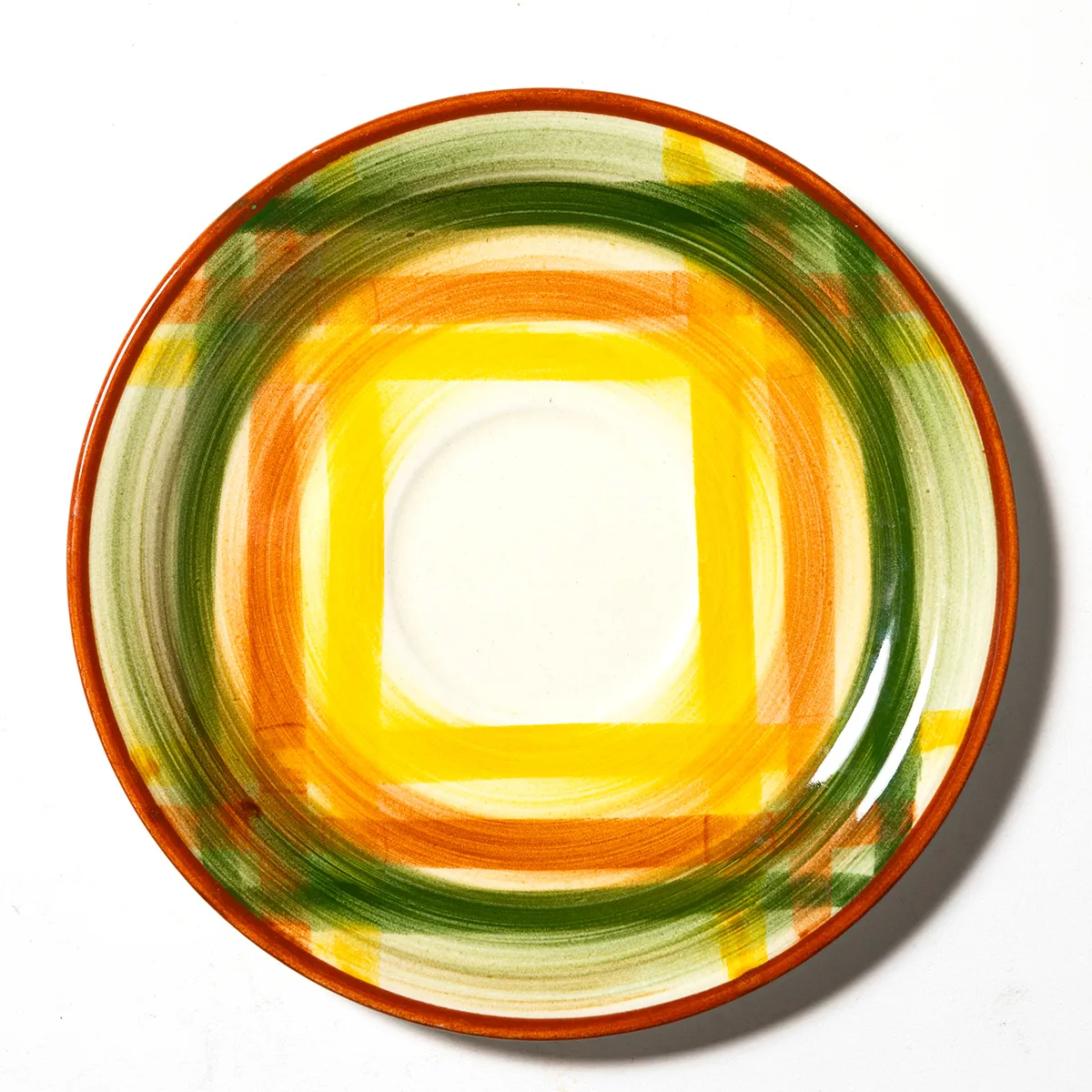 1970s Dessert Plate, Cream with Cross Hatched Green Orange and Yellow