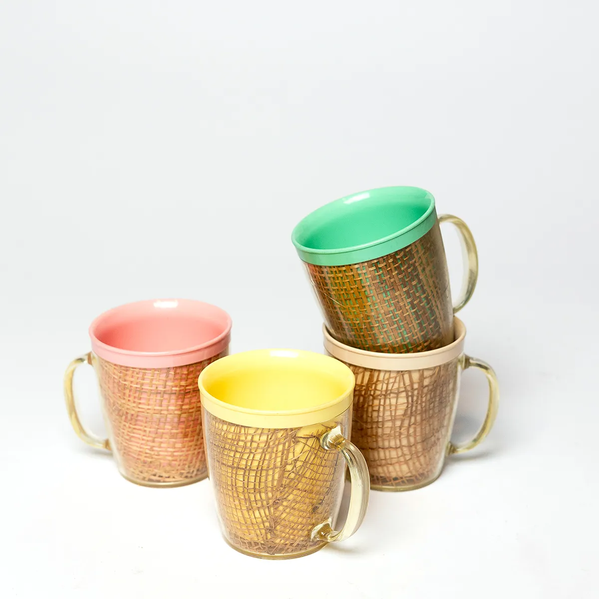 Raffiaware Burlap Insulated Plastic Tumble Mugs Vintage Pastel Yellow, Pink, Green and Beige