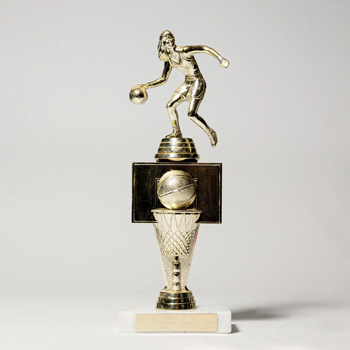 White Marble and Gold Girl Basketball player Trophy