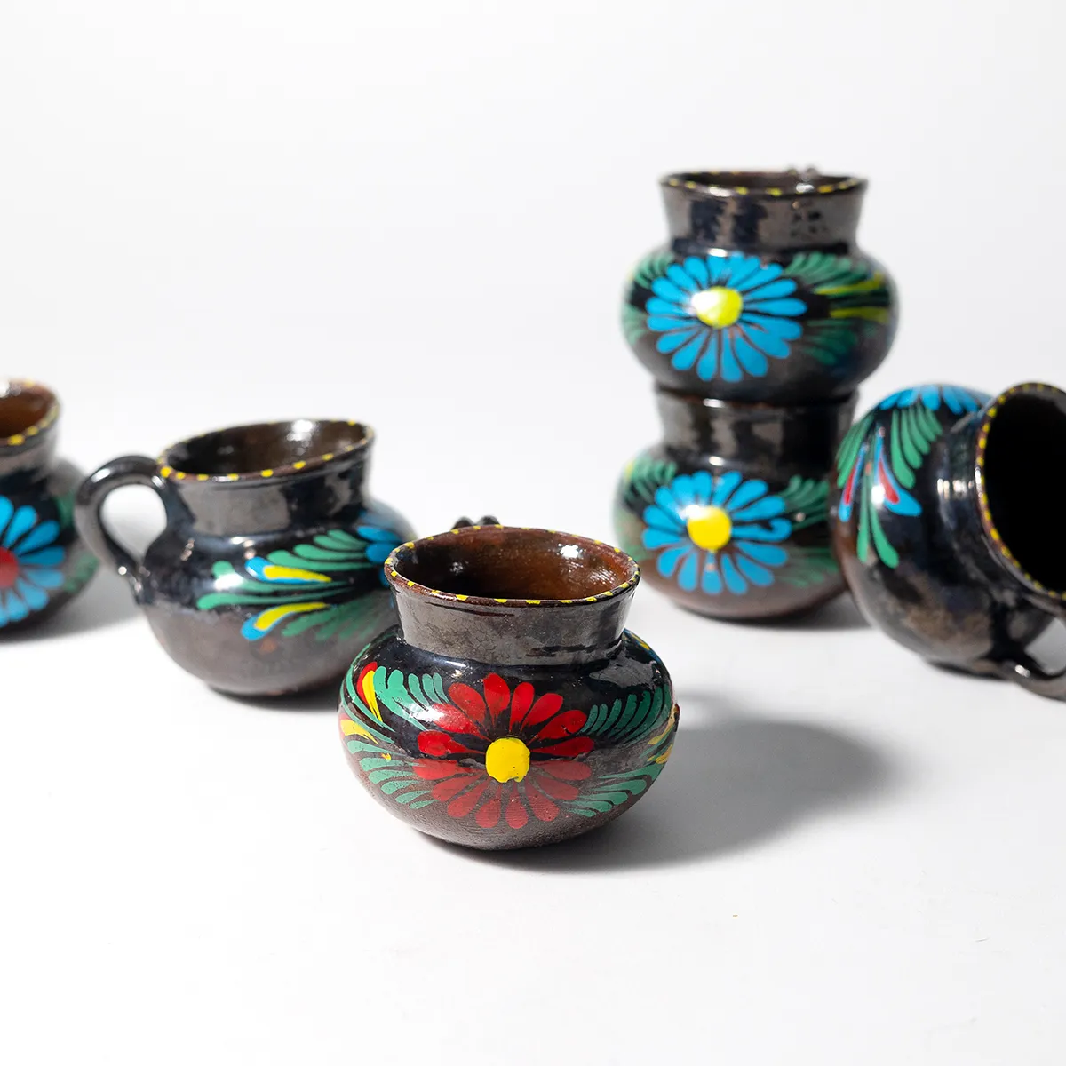 Mexican Folk Art Pottery Hand Painted Coffee or Tea Cups - VTG Set of Two Mexican Pottery Folk Art Floral Handmade Painted Small Jug Cup