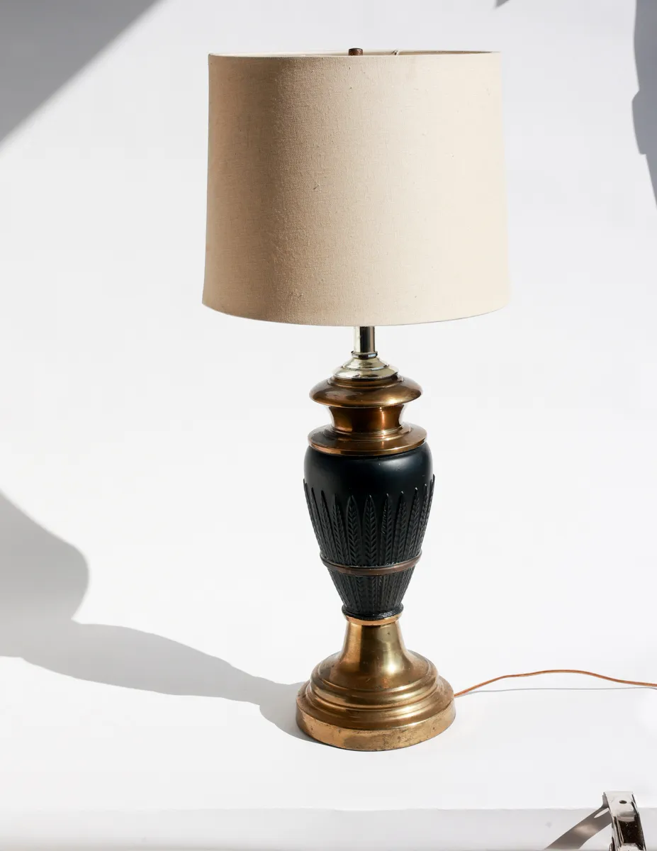 Brass and Black Ceramic Table Lamp with an off white Shade