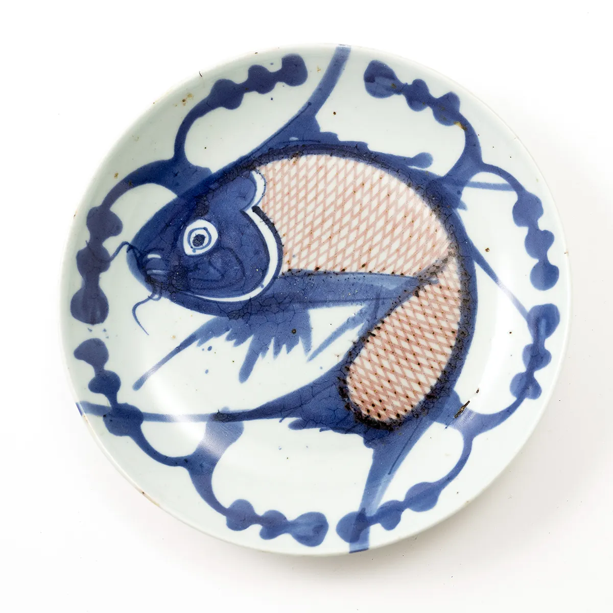 Antique Chinese Blue & White Underglaze red blue porcelain Qing animal Koi Fish Plate - 10.25" x 1.75"