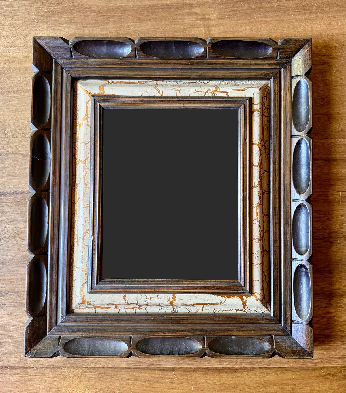 MCM Solid Dark Wood Picture Frame. With recessed ovals