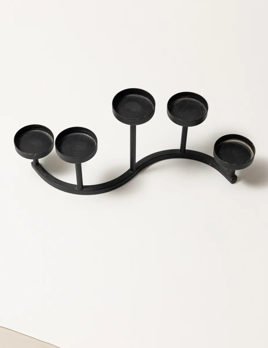 Black Wrought Iron Candle Stand in an S shape with 5 Pillar Candle Shelves, candelabra
