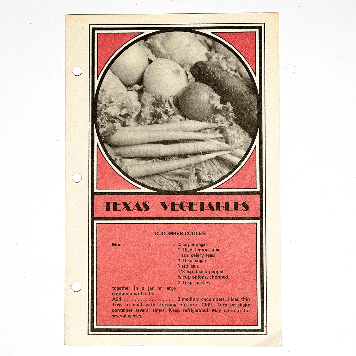 Art Deco "Texas Vegetables" Recipe card red and black - 10" x 7"8.5" x 5.5"
