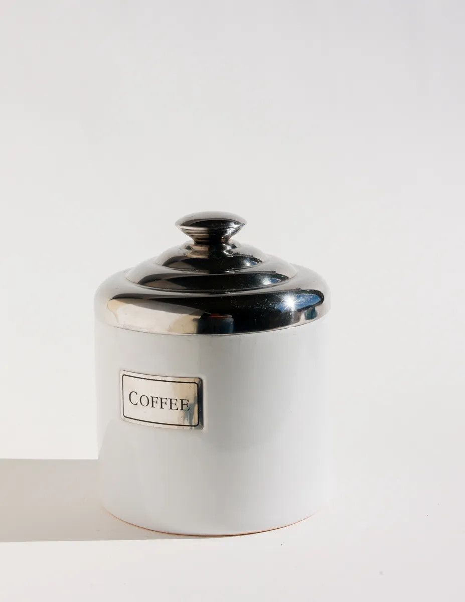 White Kitchen Cannister with Silver Lid Coffee