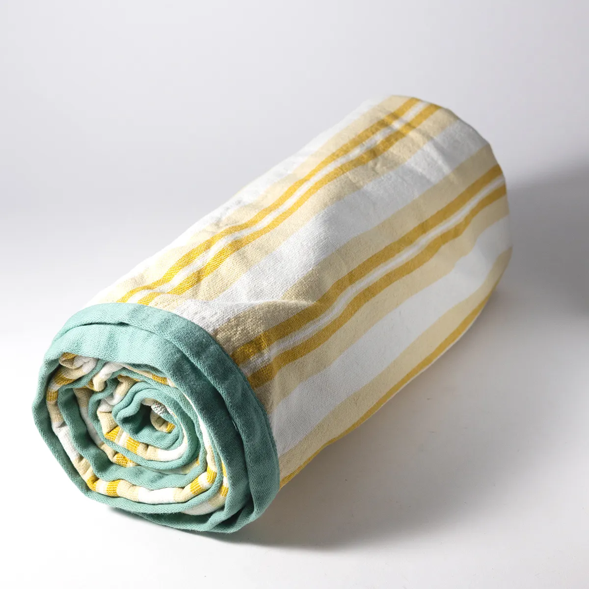 Used Yellow Striped Beach Towel with Green Trim