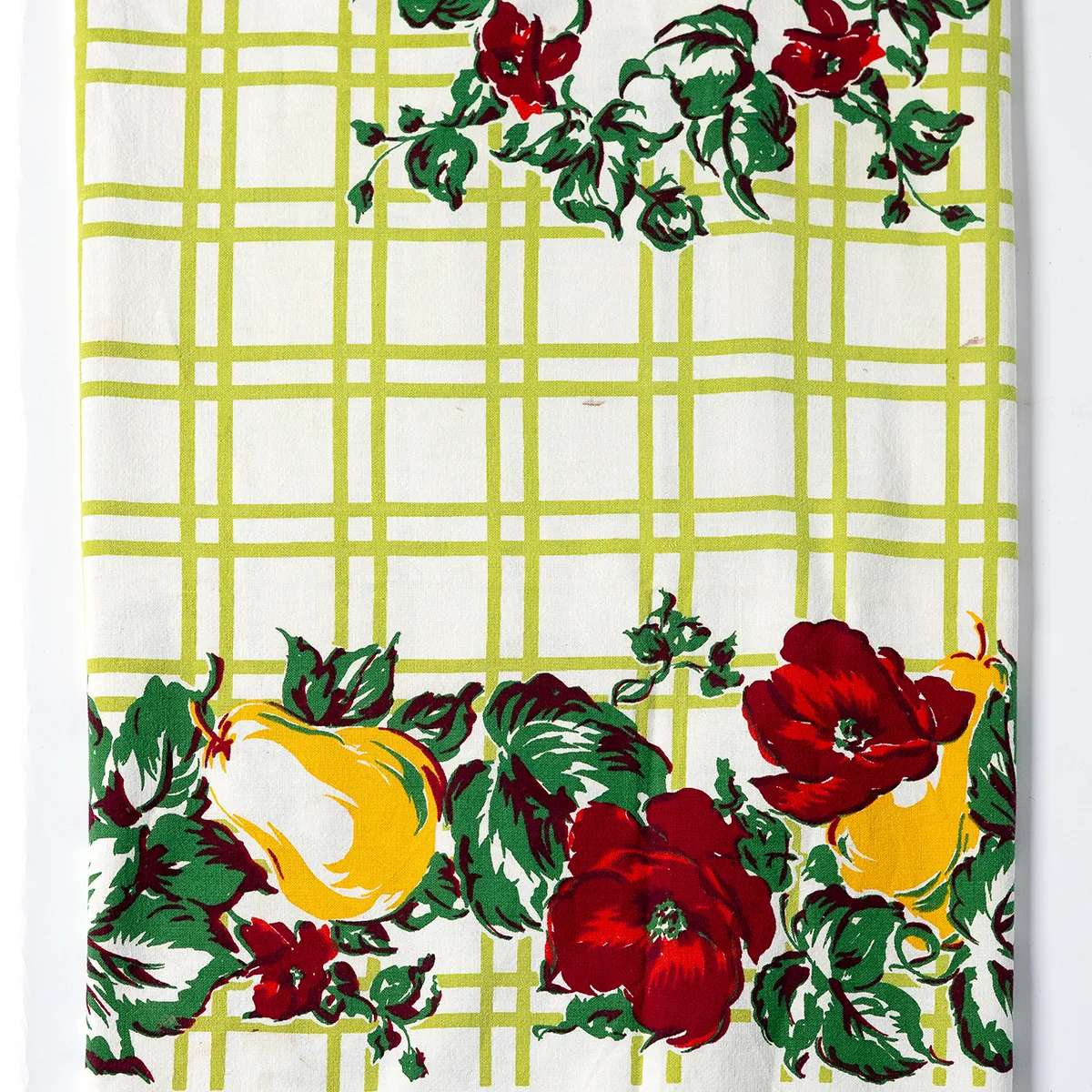Vintage Table Cloth with lime green repeating double lines in a criss cross pattern, Red Poppy Flowers 