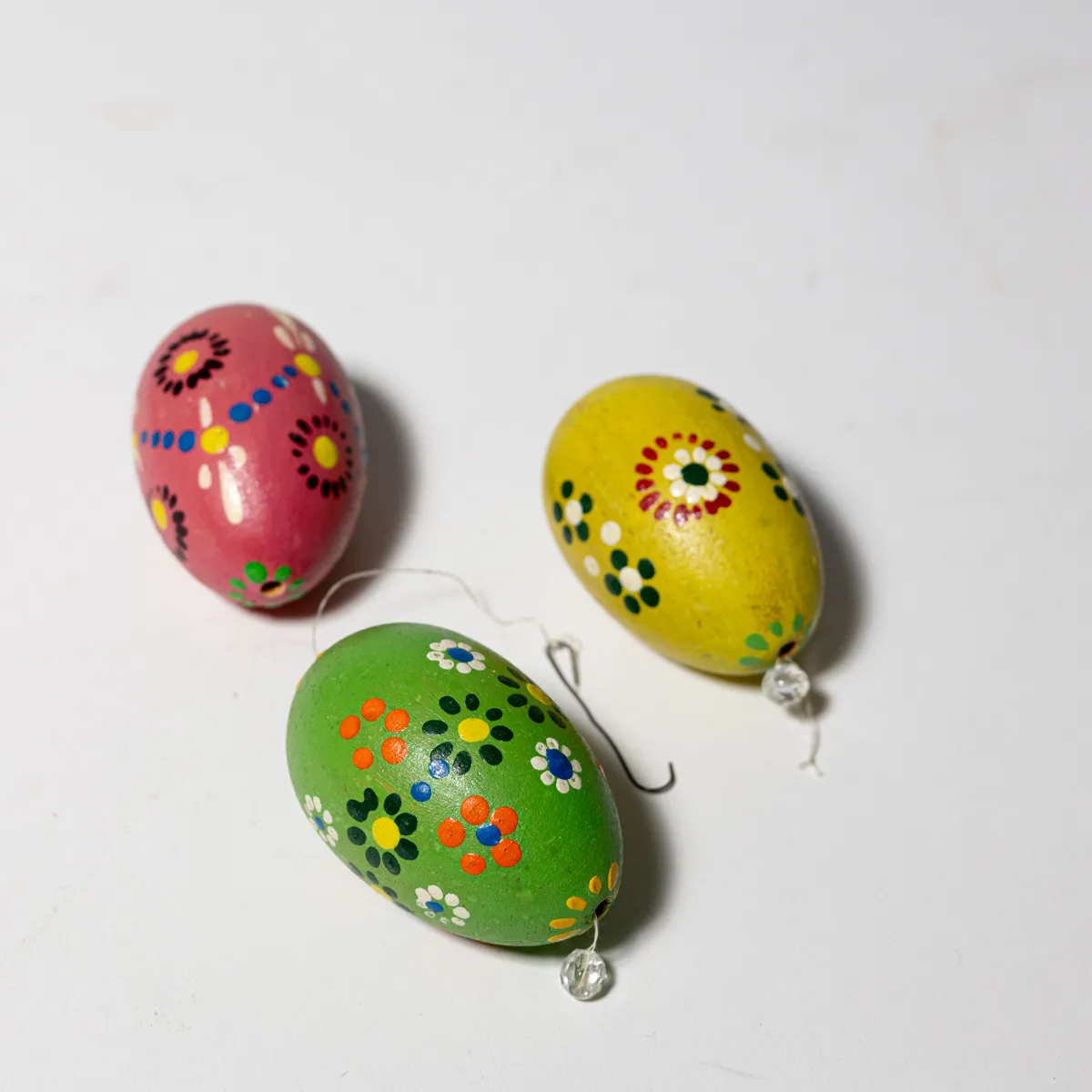 Three 3 Hand Painted Wooden Easter eggs Pink, Yellow, Green