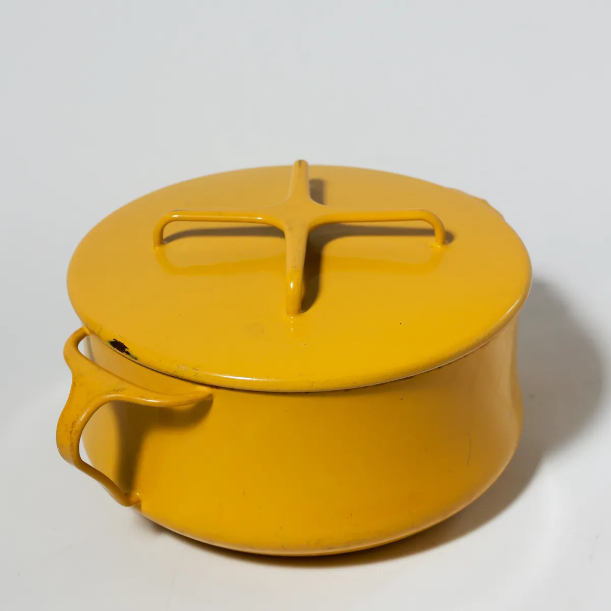 Small Yellow Enamel Dutch Oven Pot with lid with funky square handle