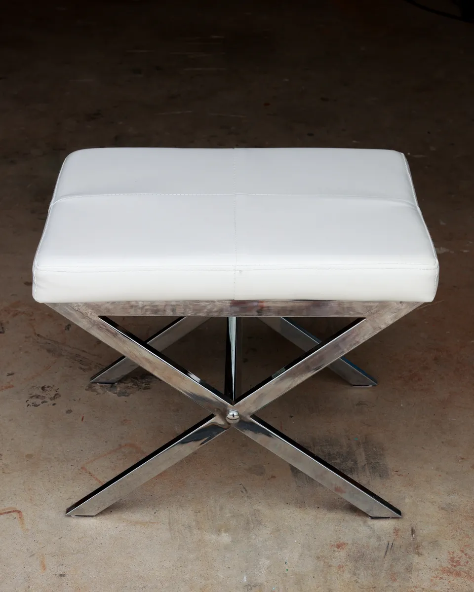 Modern White Leather X Shaped Base Chrome Ottoman