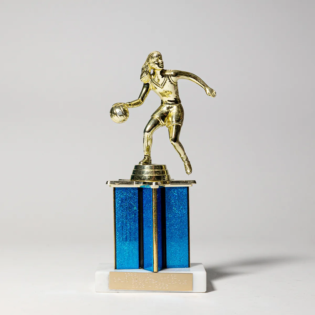 Vintage Girls Basketball White Marble Blue and Gold Star and basketball figure on the top Trophy