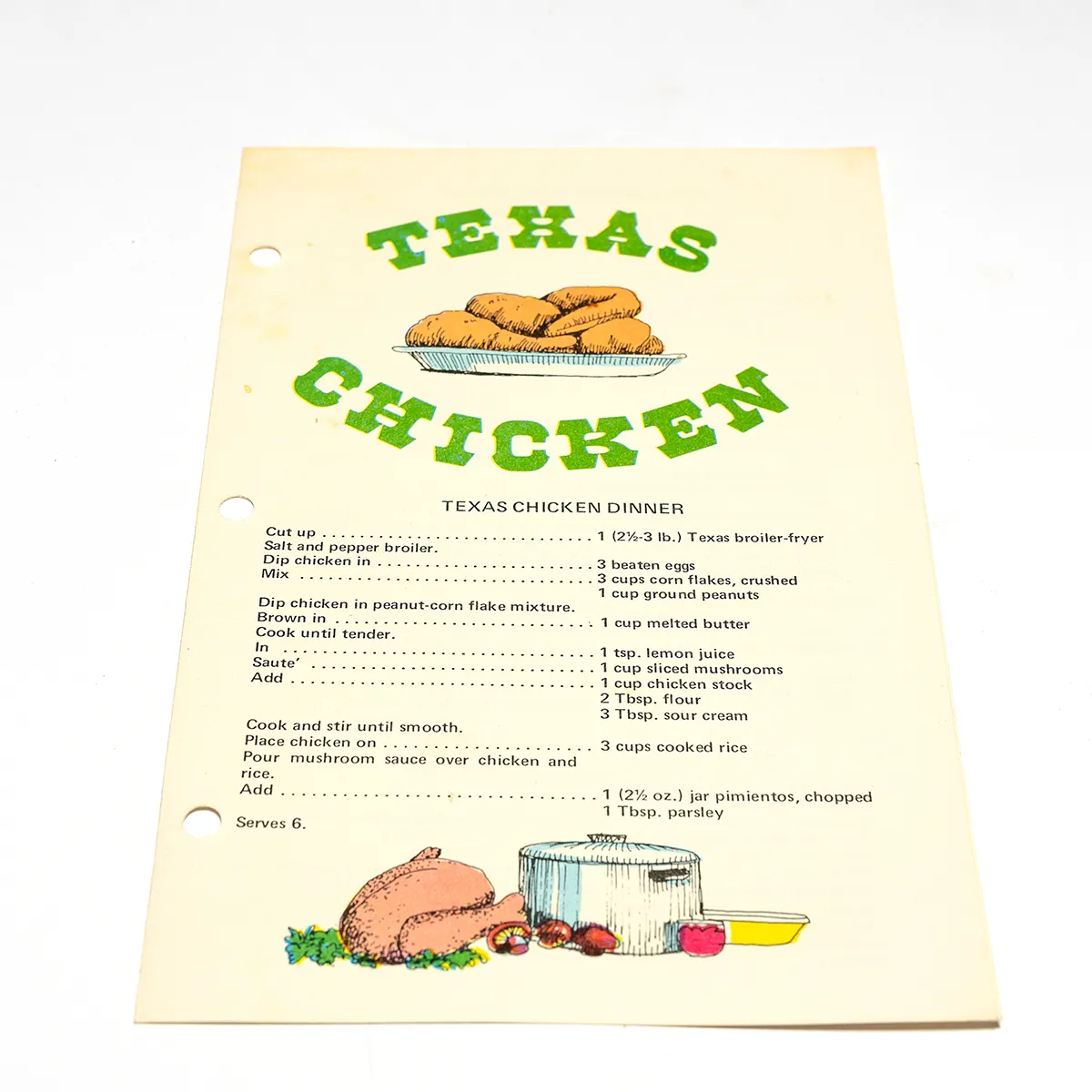 Vintage Recipe card "Texas Chicken" green text shole chicken and stock pot illustration  - 8.5" x 5.5"
