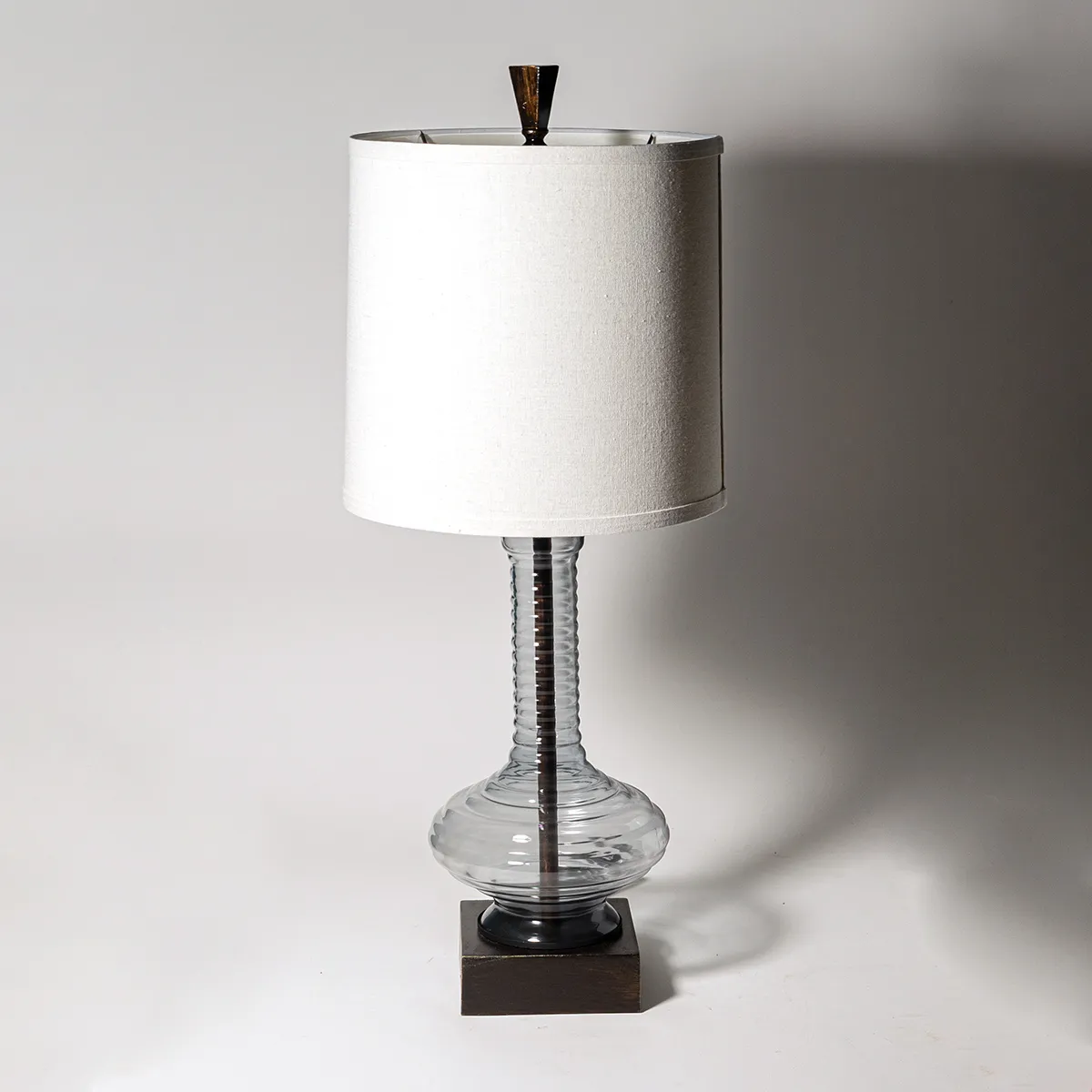 Antique Gold Base, Clear Hourglass Ribbed Lamp with White Pillar Lamp Shade