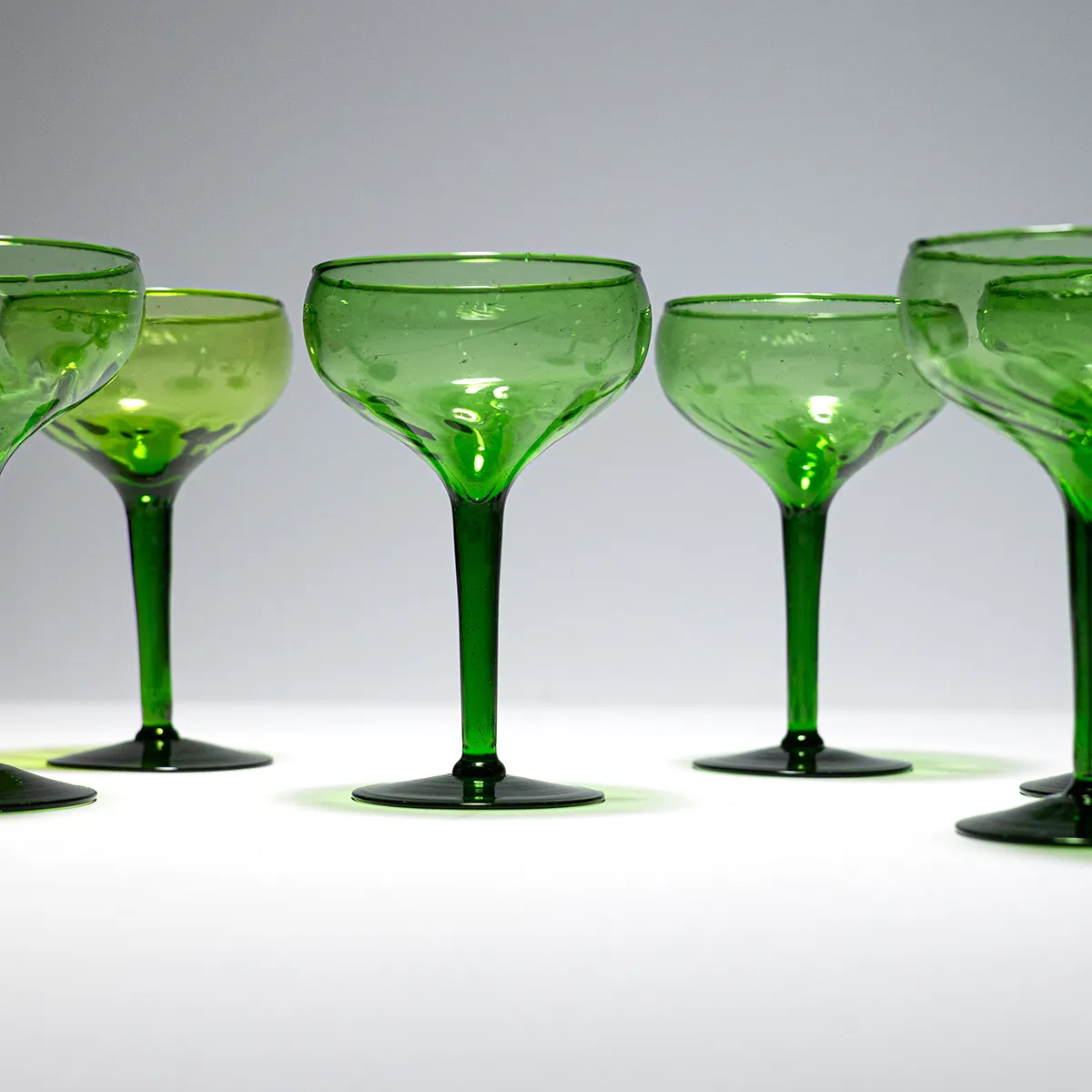 Handblown Bubble Glass, Jewel Tone Green Stemmed Coupe Glass Swirrel, Spiral Pattern