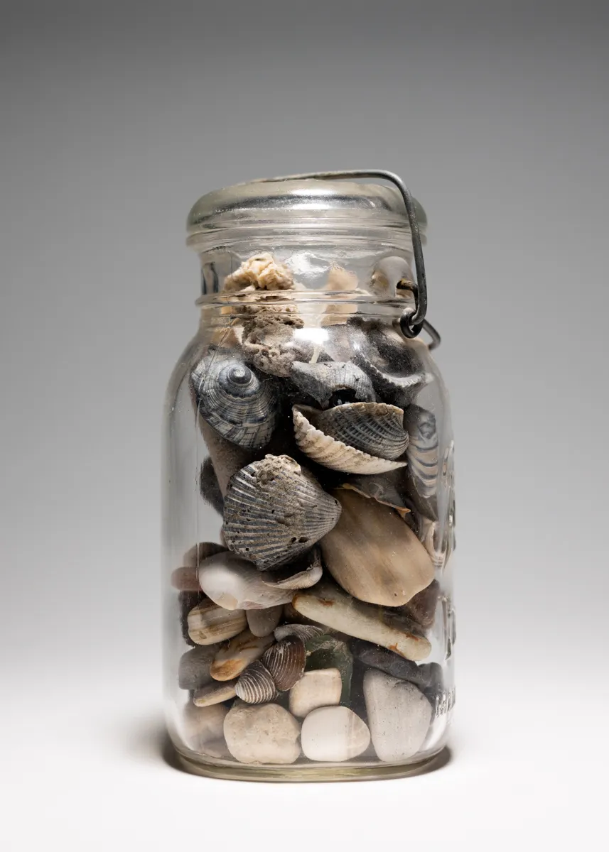 Vintage Mason with Lid and Metal Clasp Jar Filled with Sea Shells